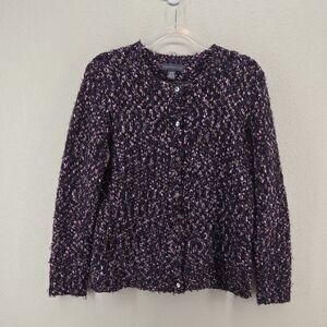 Chunky Purple Bouclé Button-Front Cardigan Size Medium